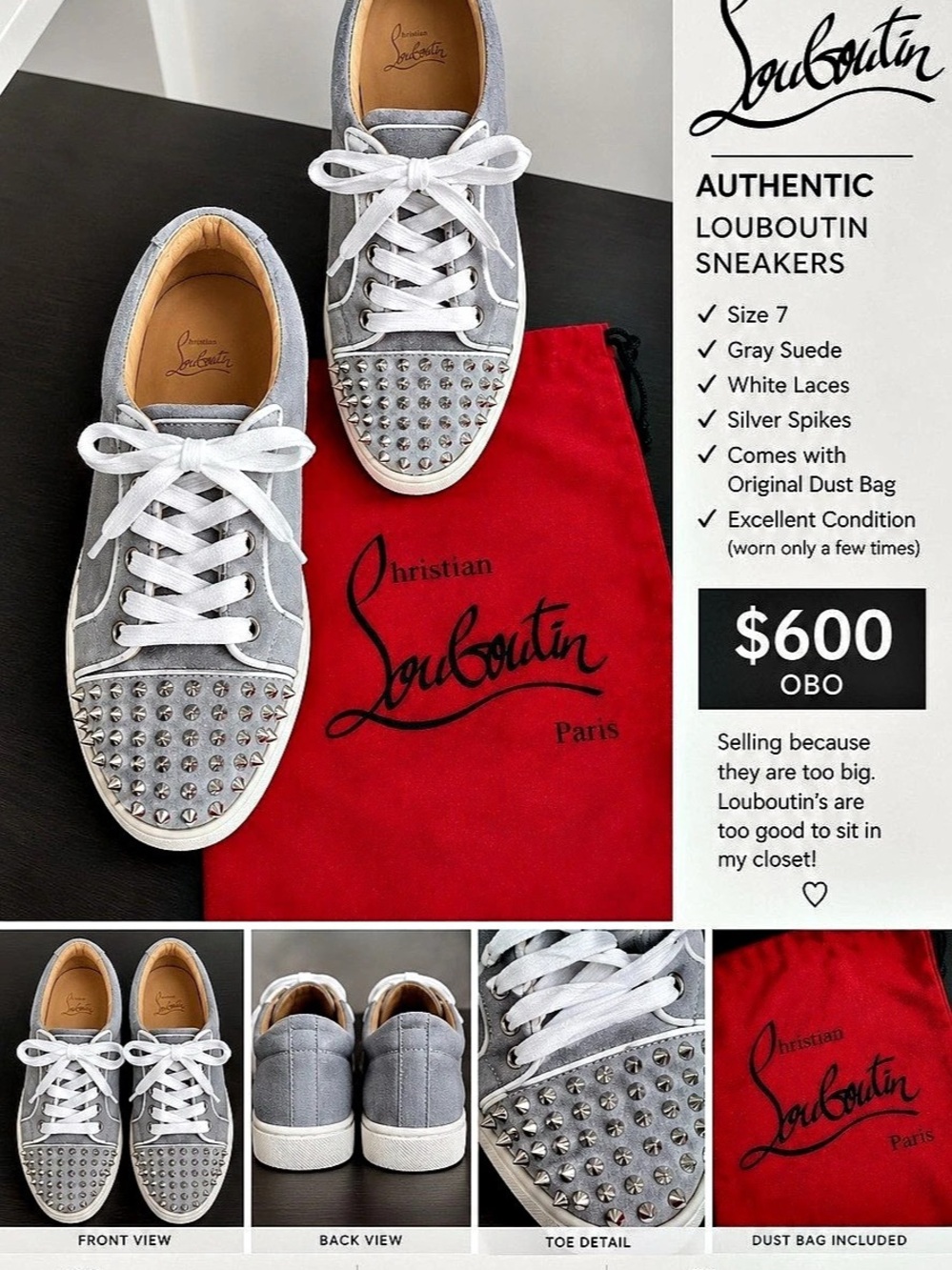 Christian Louboutin Louis Junior Spikes Flat Sneakers Gray & Red US 7